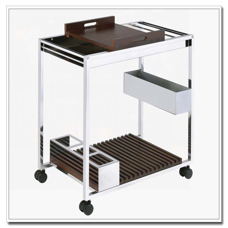 Chrome and Brown Serving Cart with Stemware Shelf
