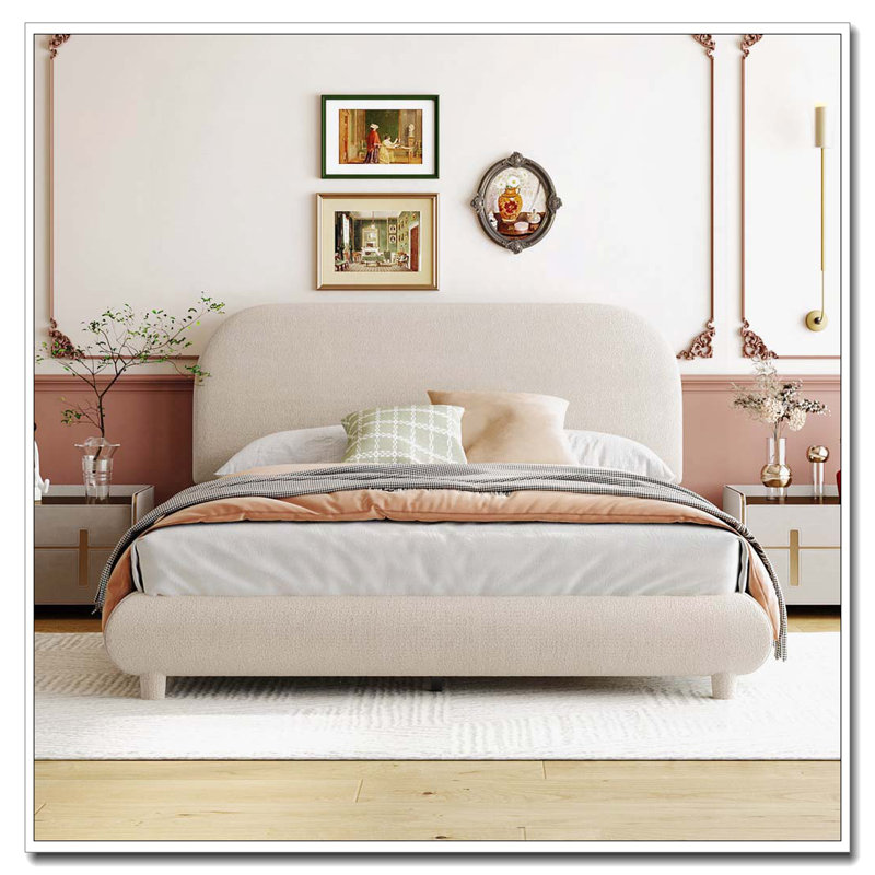 Lit plateforme tapissier Teddy, Beige, Lit double