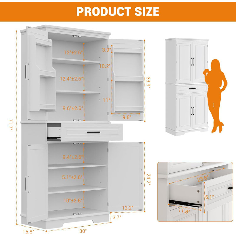 Armoire de cuisine de 72 pouces de hauteur avec 4 tablettes réglables, Blanc
