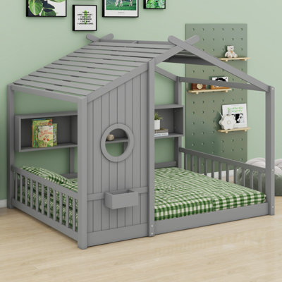 Lit maison pour tout-petits avec toit et tablette de rangement Montessori