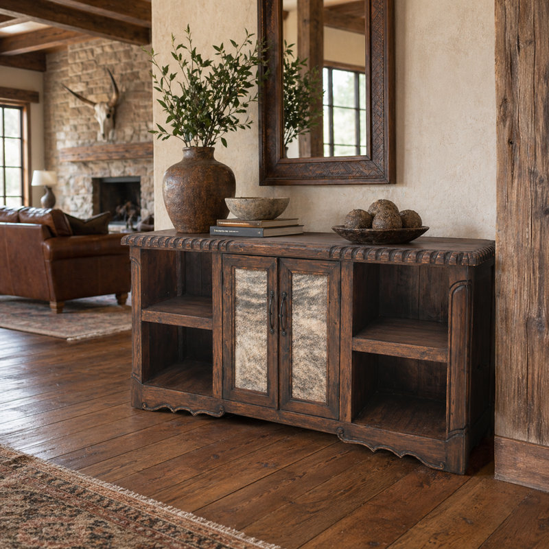 Carved Solid Wood Console Table with Cowhide Inserts
