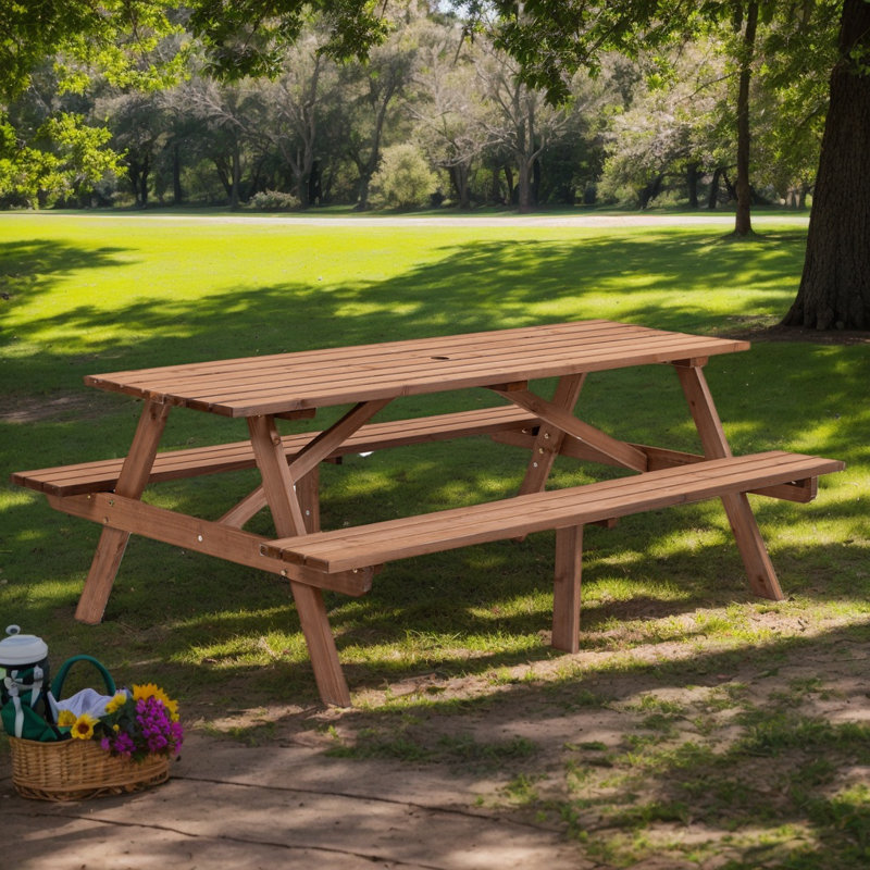 8-Person Wooden Picnic Table with 2 Built-in Benches and Umbrella Hole – Outdoor Dining Table, 2220 lb Capacity, Brown