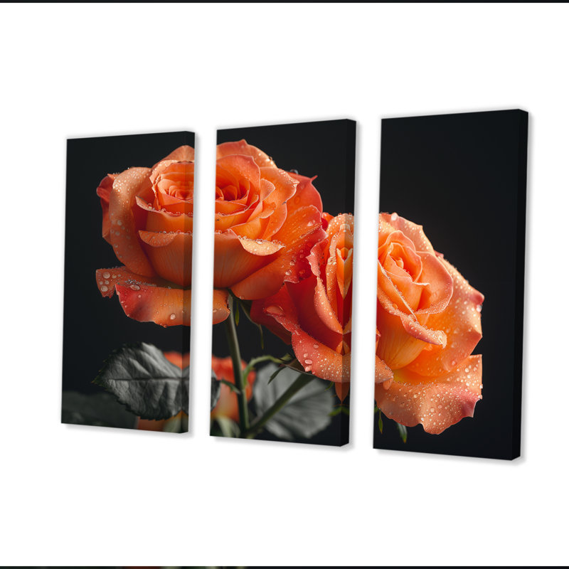 Glamour Glow Orange Roses On Black II - ensemble d'art mural roses, Toile tendue, H 28 po x l 36 po x P 1 po