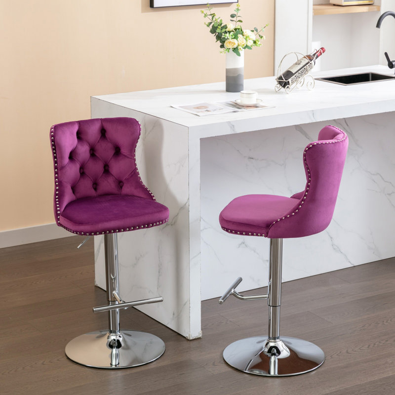 Swivel Velvet Barstools Adjusatble Seat Height From, Chrome Base Bar Stools With Backs Comfortable Tufted For Home Pub And Kitchen Island, Set Of 2