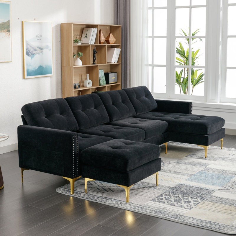 Canapé modulaire convertible en L 110 po avec repose-pieds mobile, Velours noir