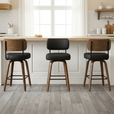 26" Swivel Upholstered Counter Stool with Walnut-Finish Bentwood Frame
