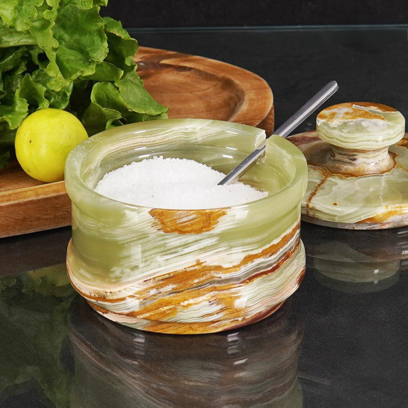Salière en marbre avec couvercle, boîte à sel verte de 3,5 po, contenant à assaisonnement et pots à épices, support à sel en pierre pour comptoir, pot à épices