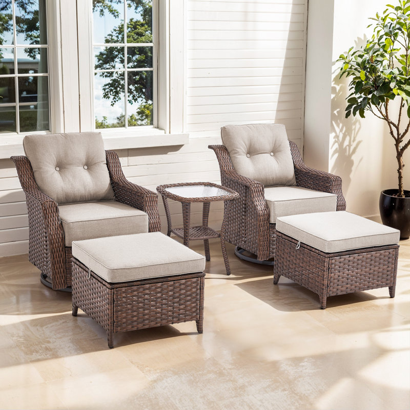 Acton 5 - Pieces Outdoor Wicker Swivel Rocker Seating Group With Ottomans And 6" Thick Cushions, Beige