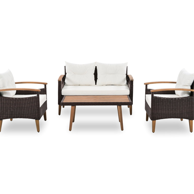Sièges de patio: 4 personnes, table et pieds en bois, coussins beiges, pieds réglables, matériaux durables, housse incluse: table, coussins, eau, inclus
