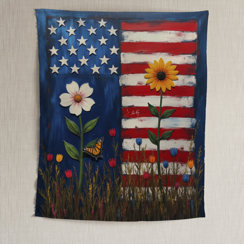 US Flag With Flowers Tapestry, 80" H x 60" W