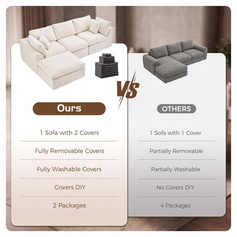 108" Cloud L-Shaped Modular Sectional Sofa, 2 Washable Cover Sets with Ottoman, Oversized Deep Seat Living Room Couch for DIY Color Switch, Boneless Style (White & Grey)