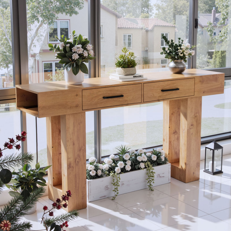 63" W Farmhouse Style Wooden Rectangular Console Table, Behind The Couch Sofa Table Entryway Table, Natural Wood