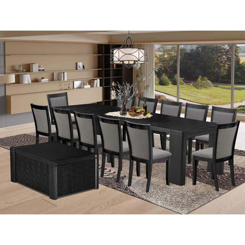 14-Pc Dining Room Table Set, a Rectangular Table with a coffee table and 12 Dark Gotham Grey Linen Fabric Dining Chairs, 39x120 Inch, Wire Brushed Black