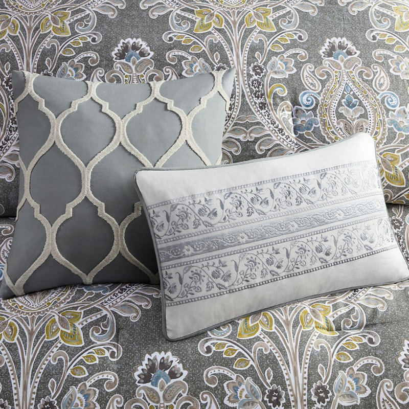 Housse de couette en coton gris - 5 pièces pour grande reine avec coussins décoratifs à volants