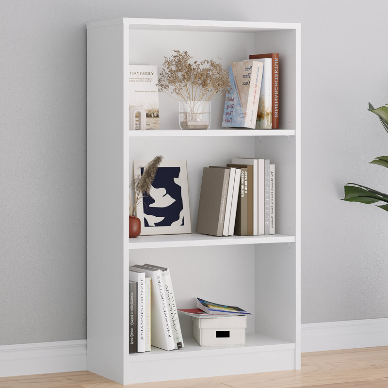 Modern 24.4" W 3-Tier Adjustable Bookshelf, White, (3 Shelves) 44.1” H x 24.4” W x 11.6” D
