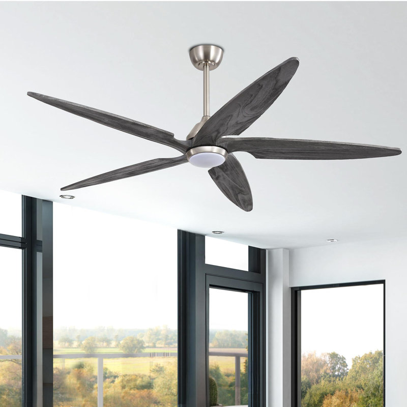 Ventilateur de plafond en bois massif à 5 pales Chanille avec lumière DEL et télécommande, Nickel satiné, 64", Gris