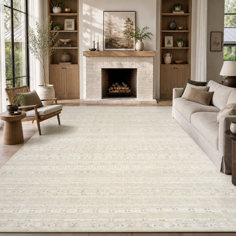 Tapis antidérapant à motif géométrique délavé Modern, Beige / Ivory, Rectangle 8' x 10'