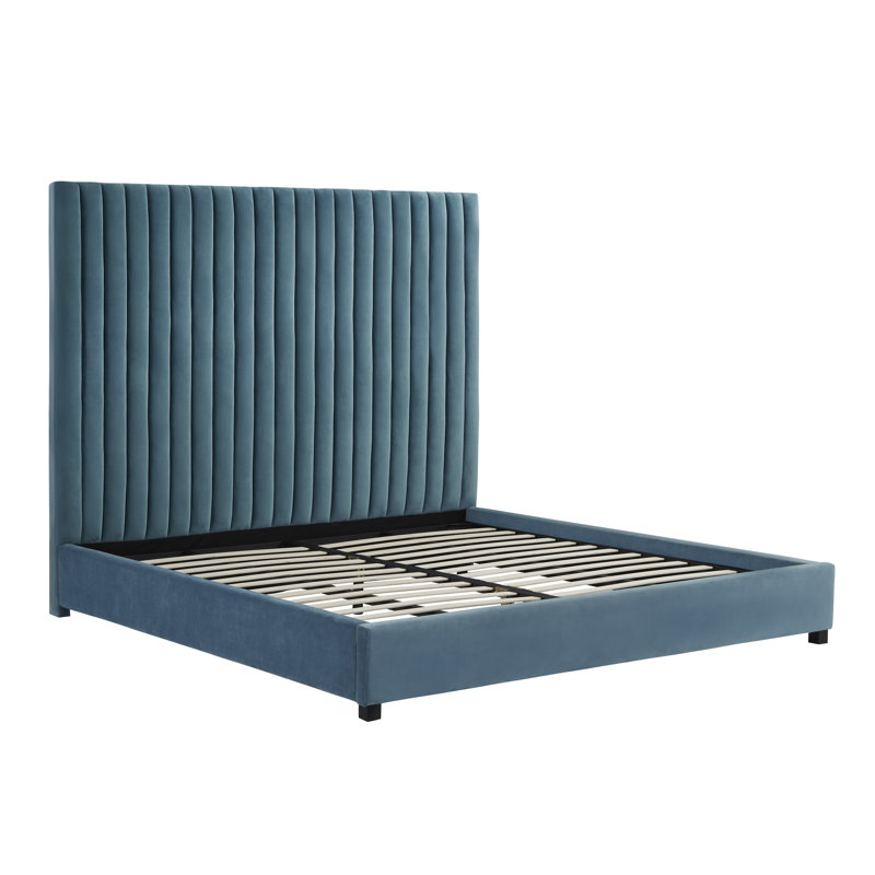 Lit plateforme en bois massif avec tête de lit tapissier, Velours bleu mer, Grand