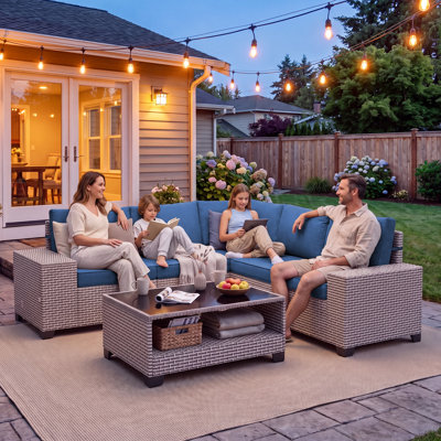 Ensemble de conversation d'extérieur avec rangement, ensemble de mobilier de patio en résine tressée 6 pièces, groupe de sièges modulaire 5 places avec coussins, mobilier d'extérieur et de patio, bleu marine