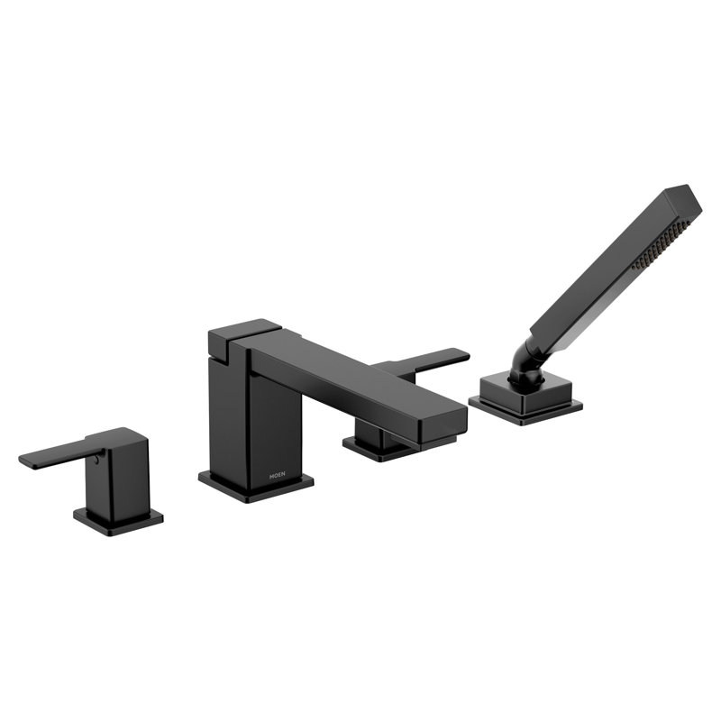 90 Degree Double Handle Deck Mounted Roman Tub Faucet Trim with Diverter and Handshower, Matte Black