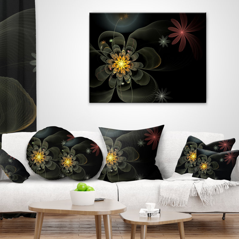 Petite fleur jaune fractale jaune en noir - coussin à imprimé floral, 16 po x 1 po, Coussin décoratif