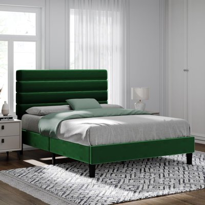 Bed frame with headboard, platform bed frame with velvet upholstered headboard and channel design