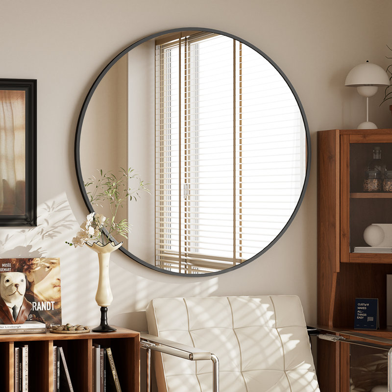Gehard Round Metal Framed Mirror , Black, 42" x 42"