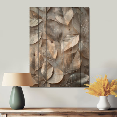 Cuivre, argent, étain, feuilles II - feuilles, art mural sur bois de pin naturel
