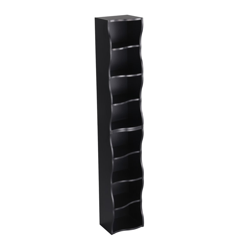 Bibliothèque ultra-mince à 8 tablettes réglables avec bordure ondulée, Noir