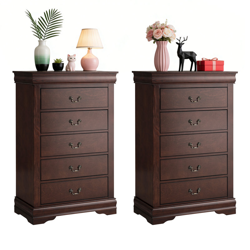 Ensemble de chambre à coucher 2 pièces, commode en bois massif de 5 tiroirs ， Aucun assemblage requis, Brun