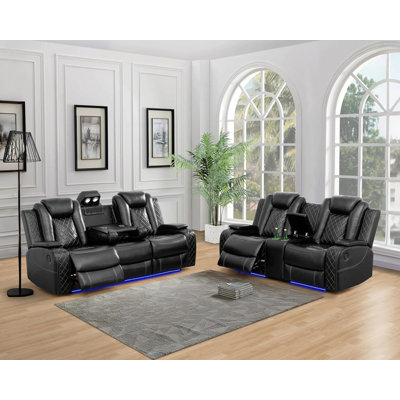 Deluxe 2-Piece Leather Reclining Living Room Set With Console, Wireless Charging, USB Ports & LED Lights (Set of 2)