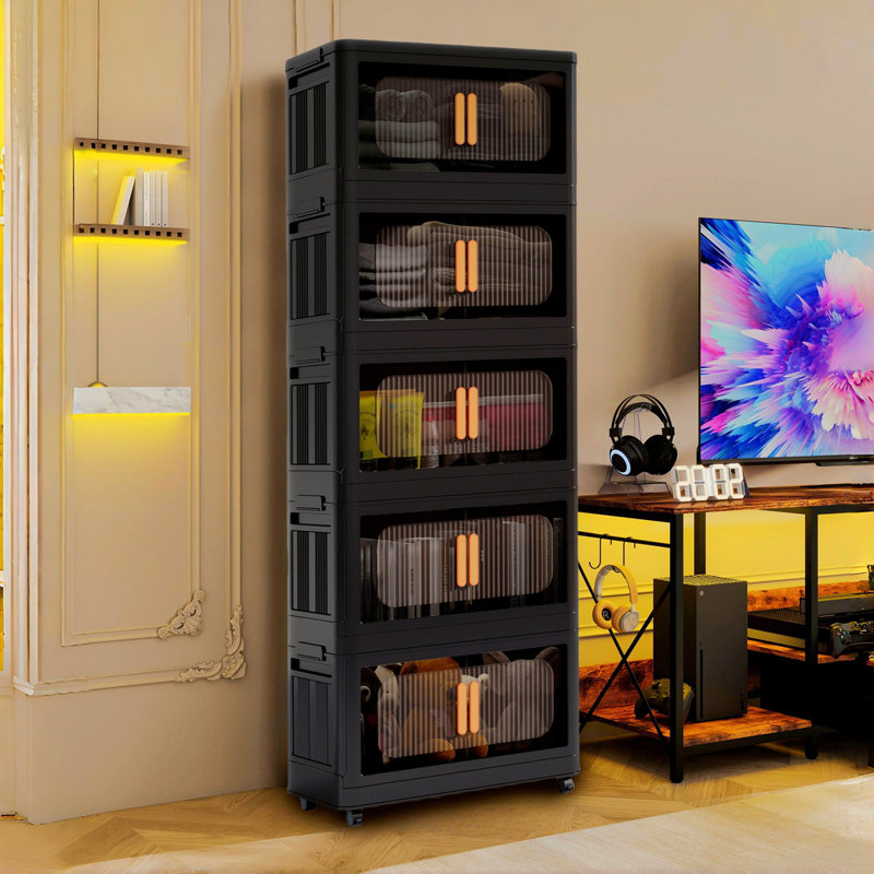 Black, 24" Side Wide Folding Storage Cabinet ,5 Tiers,23.62"×13.78"×59.84",Collapsible Storage Bins With Magnetic Door, Plastic Storage Cabinet With Wheels