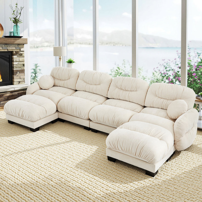 150" Oversized U-Shaped Chenille Sectional Sofa with Double Chaises, Modern Cloud-Like Modular Couch for Living Room, Beige