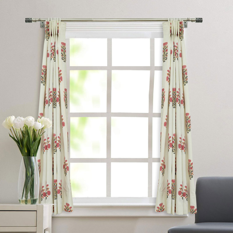 Coton épais blanc, doux, chic, imprimé à la main à motif floral rose et brun, rideaux plissés parfaits pour les rideaux élégants 100% occultant, Swadesh