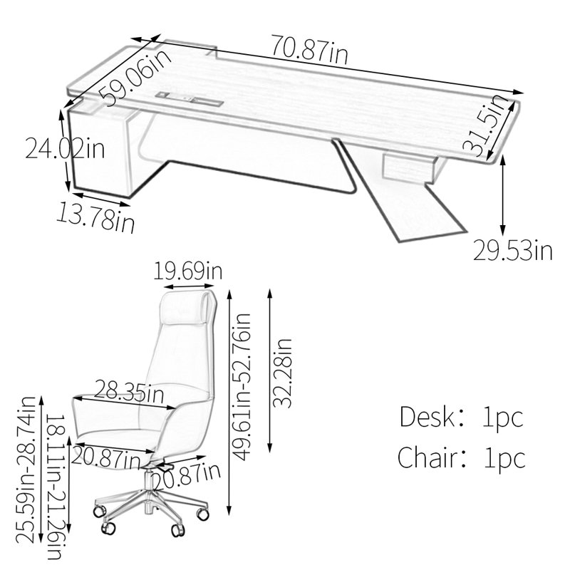 Spacious and Functional Work Surface Desk, 29.53" H x 70.87" W x 59.06" D