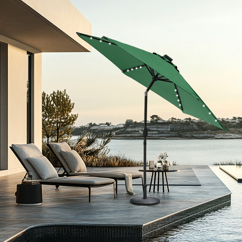 2.5M Round Garden Parasol Solar LED Lights Umbrella Tilt Crank with Base, Green