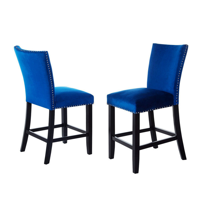 Ensemble de 2 tabourets de bar, chaise rembourrée à hauteur de comptoir avec garniture cloutée, Bleu