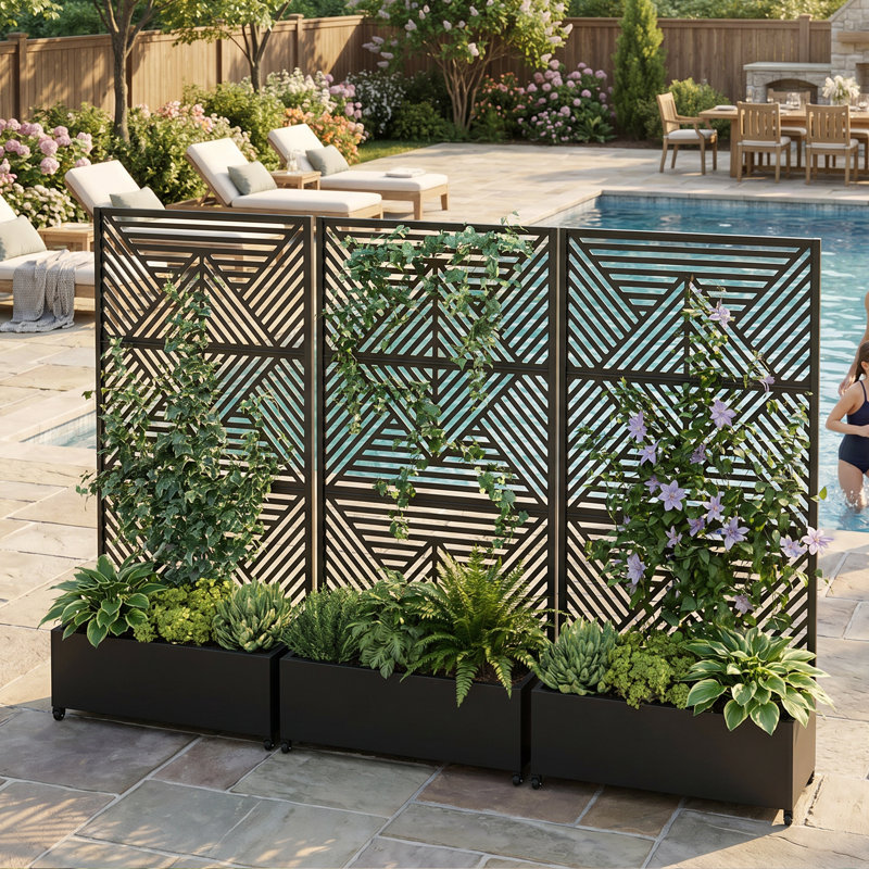 Metal Planter Wall with Trellis, Raised Garden Bed with Trellis and Privacy Screen, Outdoor Planter Box with Drainage Holes for Climbing Plants, Vines, Flowers & Vegetables, Garden Privacy Planter