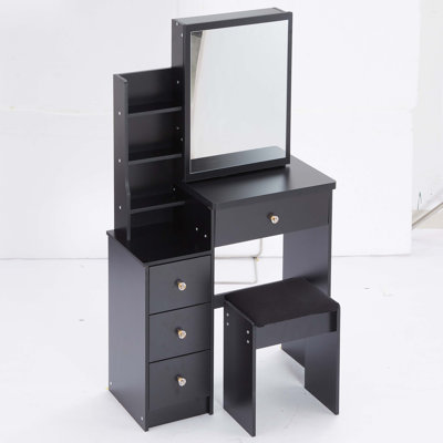 Small Size Left Bedside Cabinet Vanity Table + Cushioned Stool, Extra Large Sliding Mirror, Multi Layer, High Capacity Storage Fashionable Dresser, Su by Latitude Run