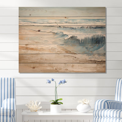 Golden And Blue Beach Tranquility I - Coastal Beach Wood Wall Art On Natural Pine Wood
