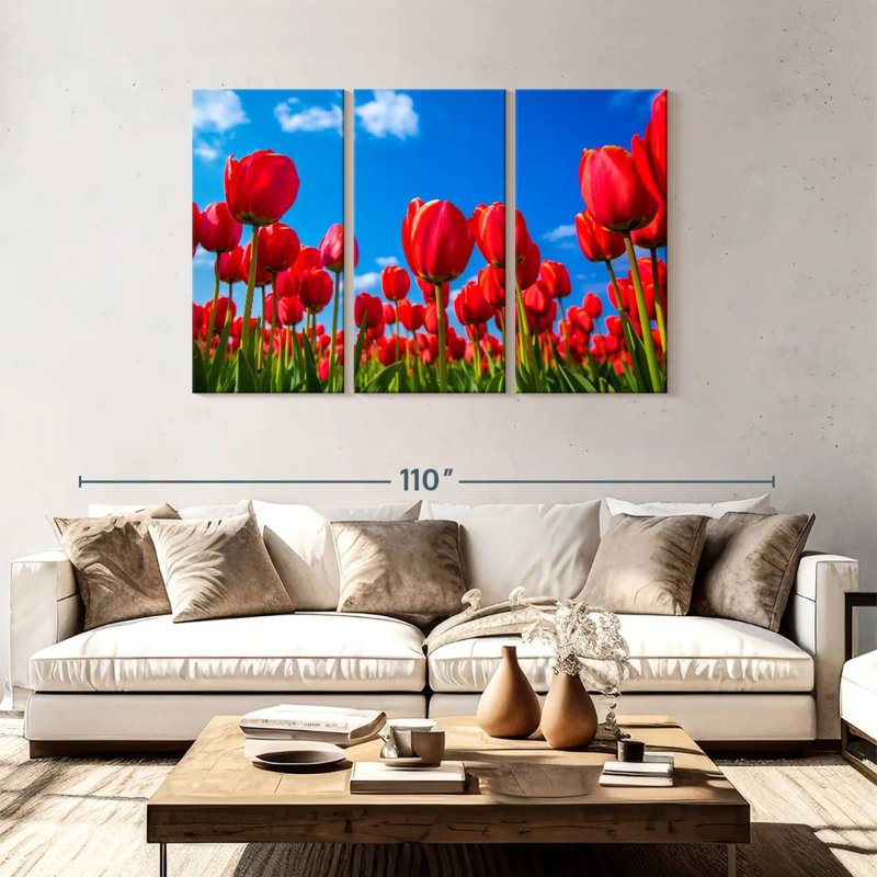 Harnek pré de tulipes rouges, H 48 po x l 74 po