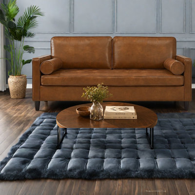 Modern Sofas, Brown PU Leather 3 Seat Wood Frame Couch for Home