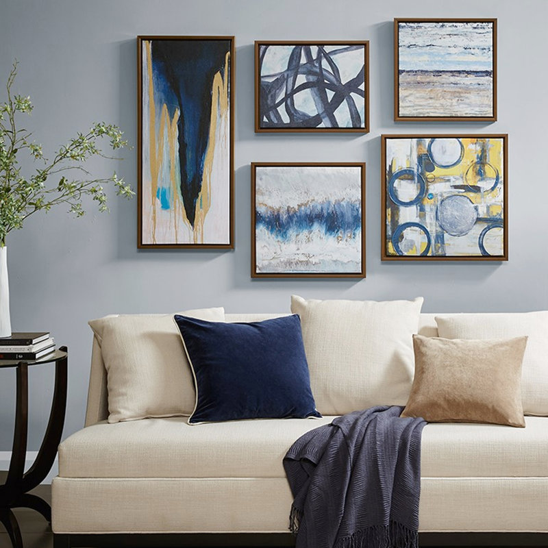 5 toiles murales abstraites en bleu, gris, jaune et bronze