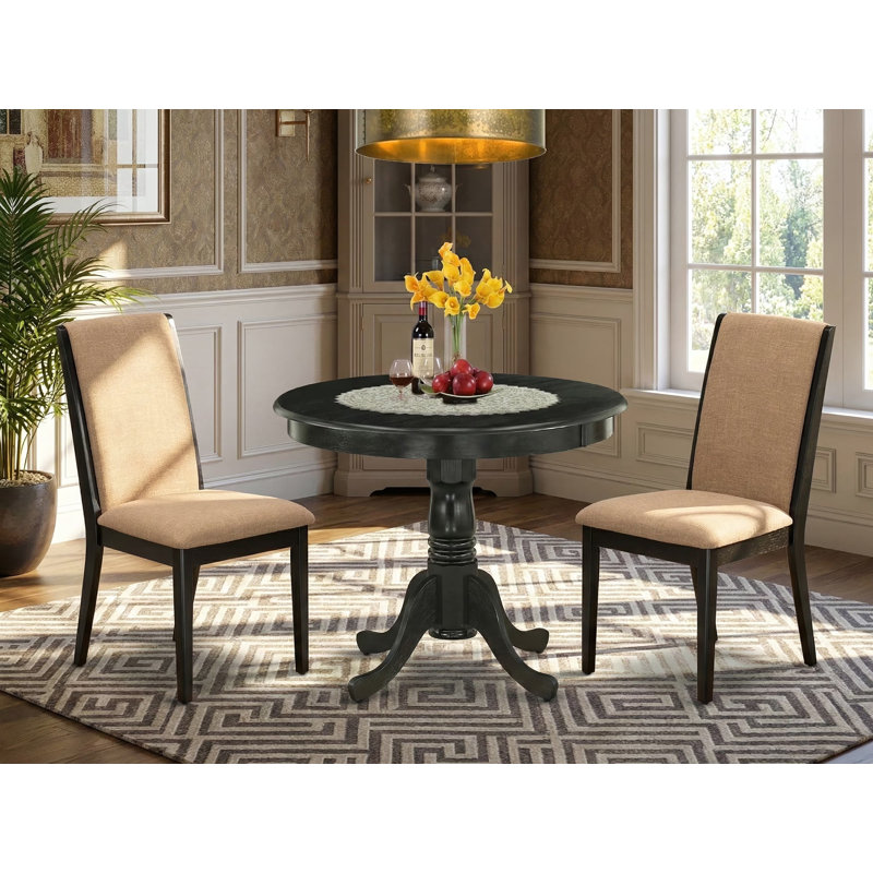 3 Piece Dining Room Furniture Set Contains a Round Kitchen Table with Pedestal and 2 Light Sable Linen Fabric Parson Dining Chairs, 36x36 Inch, Wirebrushed Black