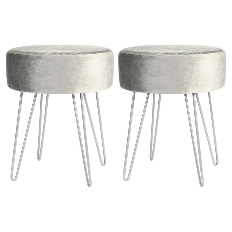 Harbour Housewares Round Velvet Footstools - Pack of 2, Silver, Grey
