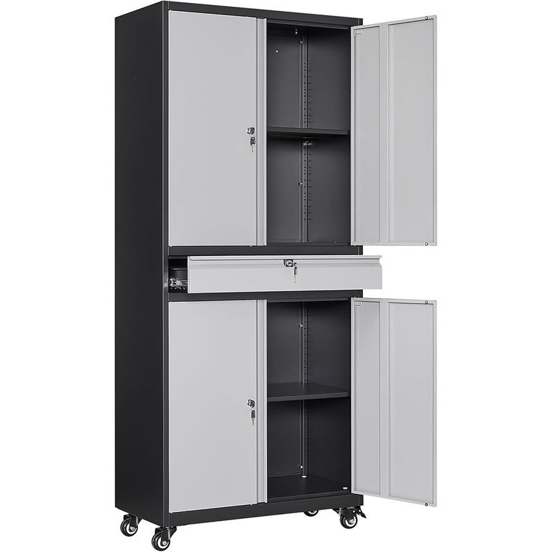 Metal Garage Storage Cabinet with Locking Doors and Adjustable Shelves, Rolling Tool Storage Cabinet with 4 Wheels and 1 Drawer