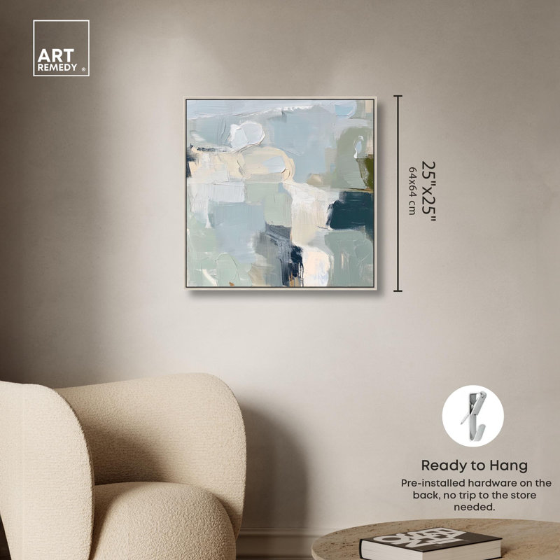 Toile écume de mer et sable II par Art Remedy, H 25 po x l 25 po, Cadre flottant, Blanc