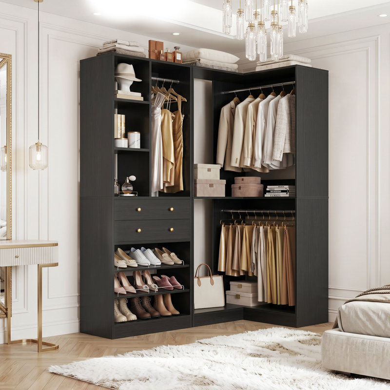 Système d'organisation de garde-robe, organisateur de garde-robe de coin autoportant de 80 po avec tiroirs, étagères à chaussures et tringles de suspension multiples