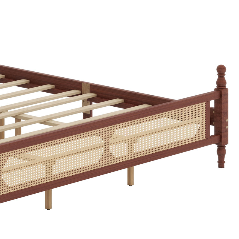 Lit en bois avec tête et pied de lit en rotin, Noyer