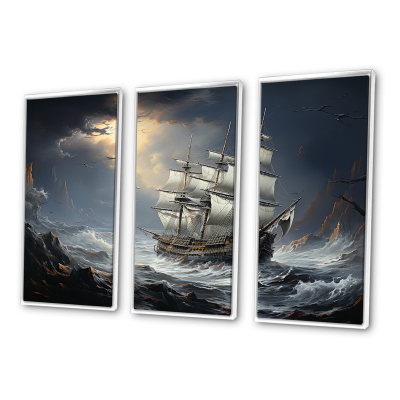 Bateau pirate à Stormy Seas I - Ensemble de décoration murale pirate, H 28 po x l 36 po x P 1 po, Cadre flottant blanc